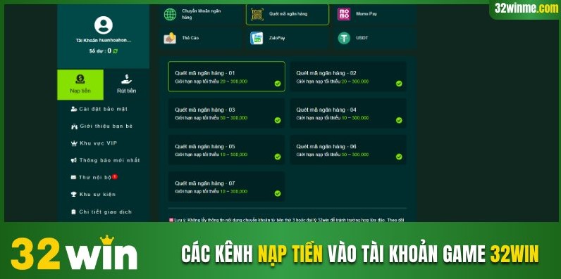 Các kênh nạp tiền vào tài khoản game 32WIN